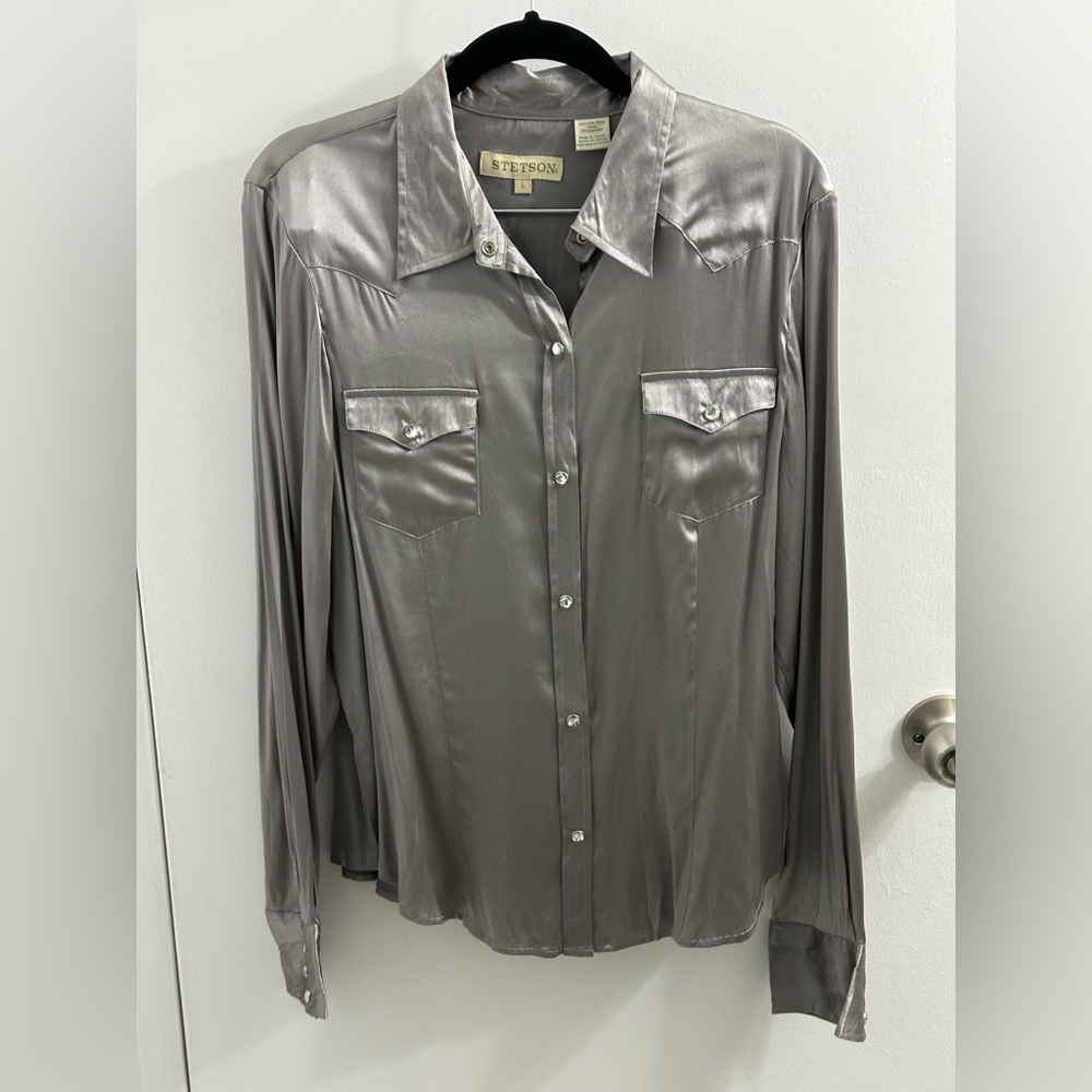 Stetson silk western cowgirl pearl snap shirt Large